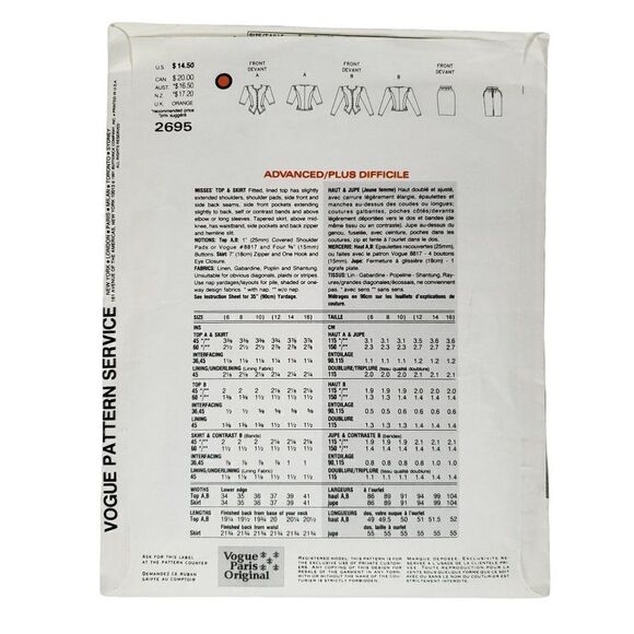 Vintage 90s Vogue Paris Emanuel Ungaro Skirt Jacket Pattern 2695 6 8 10 Uncut - Picture 2 of 2
